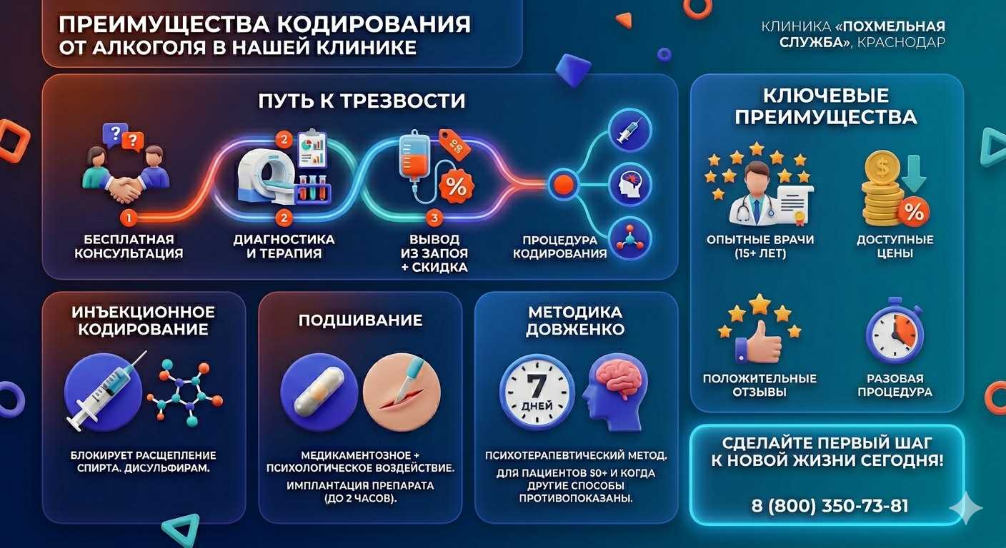 Инфографика о методах кодирования от алкоголя в Енисейске: инъекции, подшивание, метод Довженко. Преимущества клиники и этапы лечения.