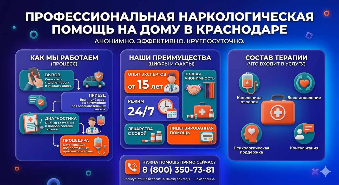 Инфографика о принципах лечения алкоголизма на дому в Енисейске: этапы вызова нарколога, преимущества анонимной детоксикации и состав медицинской помощи.